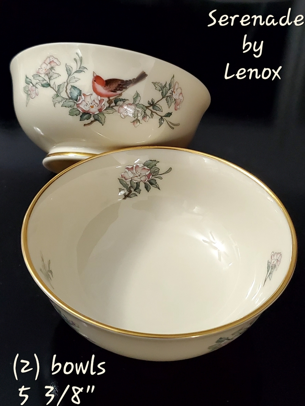 2 Vntg 5 3/8" Lenox Serenade Ivory  Bowls 24K Gold Trim Pink Blossoms